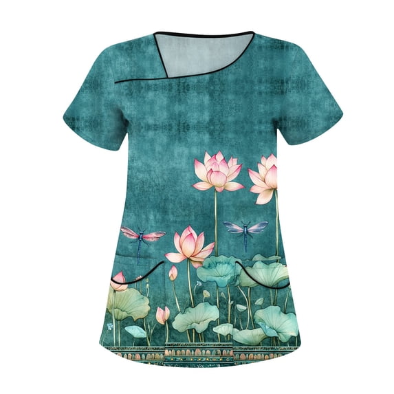 Scrub Uniforms for Women,Floral Printed Scrub Tops - Cheerful Floral Patterns Short Sleeve Medical Blouse - Green - S