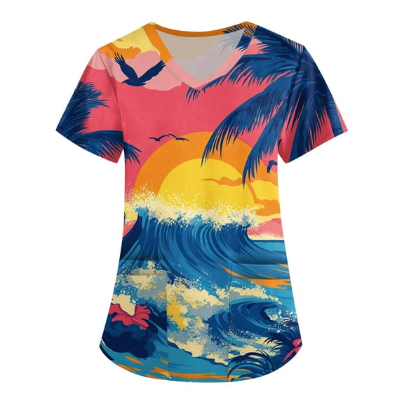 Scrub Uniforms for Women,Hawaiian Print Healthcare Scrub Tops for Womens - Stretchy V-Neck Design with Pocket - Dark Blue - XXXL