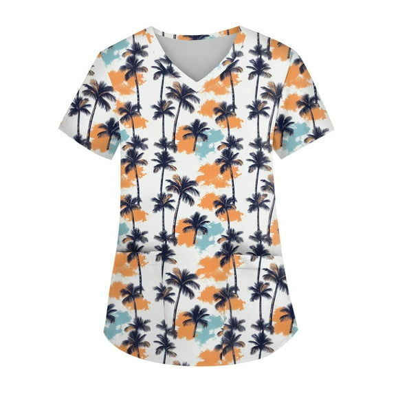 Scrub Uniforms for Women,Hawaiian Print Scrubs Top- Performance Fabric Tops with Side Slit Pockets - Dark Blue - XL