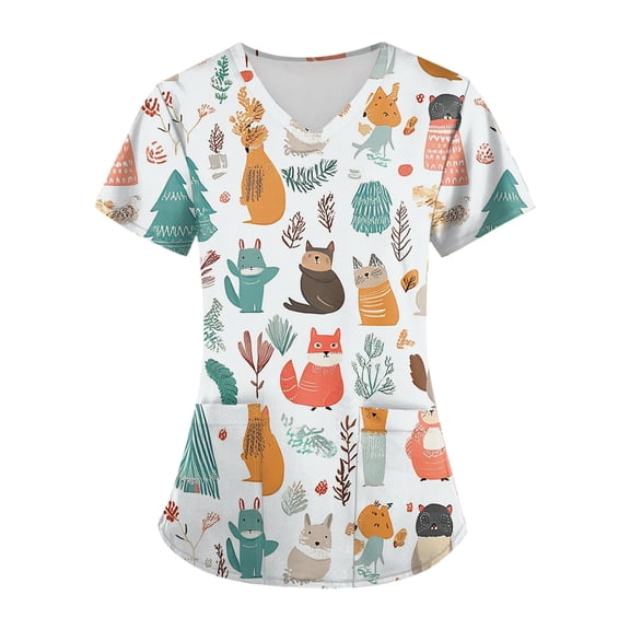 Scrub Uniforms for Women,V-Neck Scrub Tops with Animal Pattern - Wrinkle-Resistant Nursing Uniform with Pockets - Beige - XXXXXL