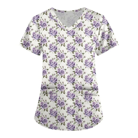 Scrub Uniforms for Women,V-Neck Scrub Tops with Floral Print - 2-Pocket Stretchy Scrubs with Convertible V-Neck - Purple - XXXL