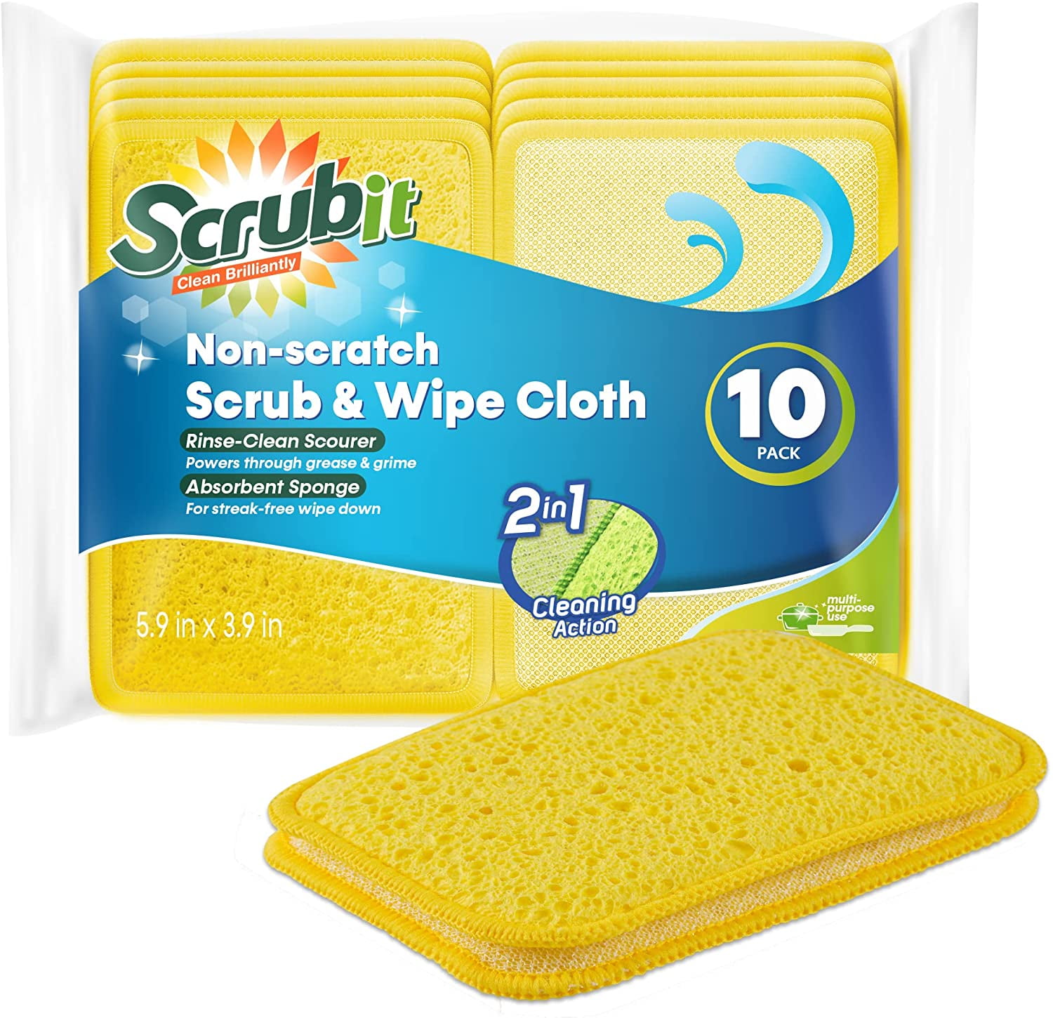 Scrub and Wipe Cleaning Pads [10 Pack] SCRUBIT Dual Sided Scouring Pad and Sponge Reusable