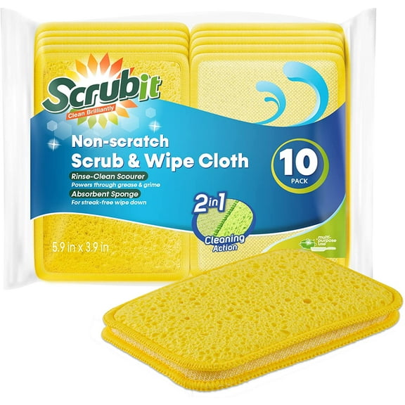 Scrub and Wipe Cleaning Pads [10 Pack] – SCRUBIT Dual Sided Scouring Pad and Sponge - Reusable Kitchen Scrubbing Sponges for Dishes, Pots, Pans Utensils & Non-Stick Cookware (Yellow)