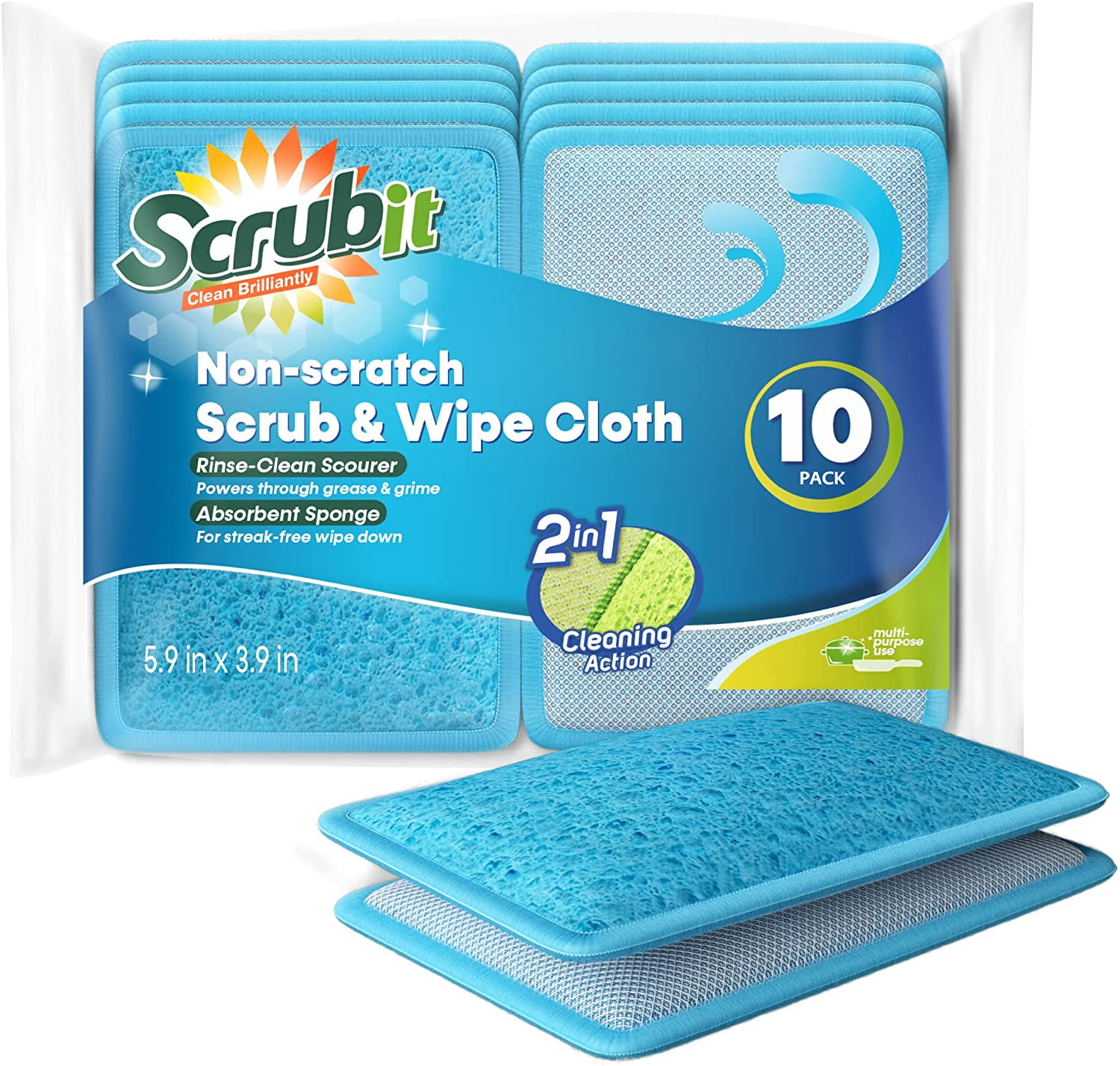 Scrub and Wipe Cleaning Sponges [10 Pack] SCRUBIT Dual Sided Scouring