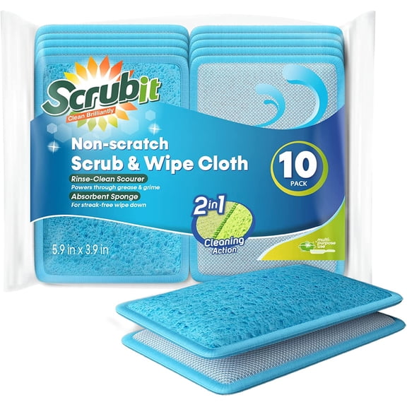 Scrub and Wipe Cleaning Sponges [10 Pack] – SCRUBIT Dual Sided Scouring Pad and Sponge - Reusable Kitchen Scrubbing Sponges for Dishes, Pots, Pans Utensils & Non-Stick Cookware (Blue)