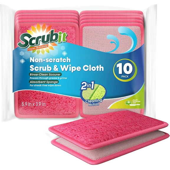 Scrub and Wipe Scrubbing Pads [10 Pack] – SCRUBIT Dual Sided Scouring Pad and Sponge - Reusable Kitchen Scrubbing Sponges for Dishes, Pots, Pans Utensils & Non-Stick Cookware (Pink)