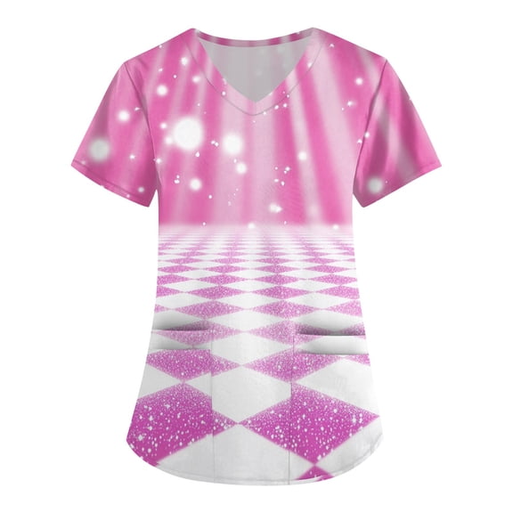 Scrub Women Petite,Floral Pattern Nursing Tops - Side Slit Short Sleeve Scrub Blouse with Pockets - Pink - XXL