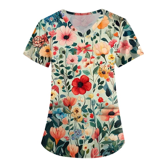 Scrub Women Petite,Floral Pattern Nursing Tops - Side Slit Short Sleeve Scrub Blouse with Pockets - Wine - L