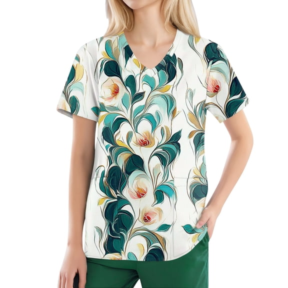 Scrub Women Petite,Floral Print V-Neck Scrubs - Antimicrobial Fabric with Hidden Pocket - Green - XXXXXL