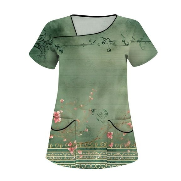 Scrub Women Petite,Floral Print Women's Scrub Tops - V-Neck Short Sleeve Nursing Tops with Side Pockets - Green - XXXXXL