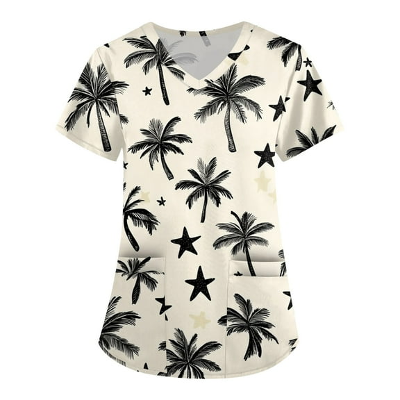Scrub Women Petite,Hawaiian Print Scrubs Tops for Women - V-Neck Short Sleeve Nursing Uniform with Pocket - Black - L