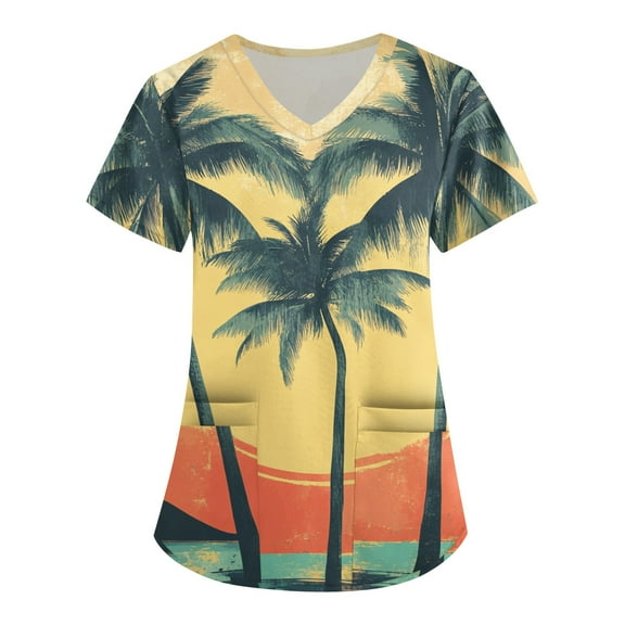 Scrub Women Petite,Hawaiian Print Scrubs Tops for Women - V-Neck Short Sleeve Nursing Uniform with Pocket - Dark Green - XL