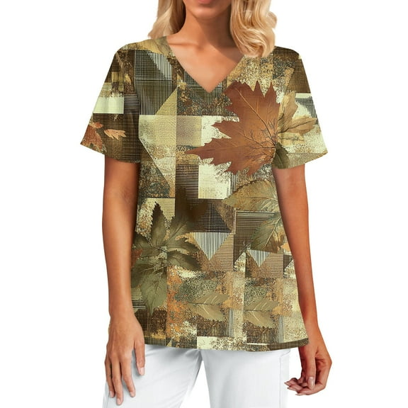 Scrub Women Petite,Scrub Tops Womens with Pocket - Antimicrobial Short Sleeve Medical Uniform Top for Clinics - Brown - M