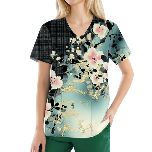Scrub Women Petite,Unisex Medical Scrub Tops Long Sleeve with Side Pockets - Floral Print Workwear for Nurses - Mint Green - XXXXL