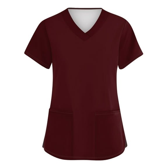 Scrub Women Petite,V-Neck Scrub Top with Solid Color - 3-Pocket Healthcare Uniform Tops for Women - Wine - M