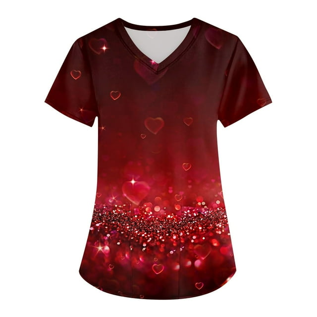 Scrub Working Uniform Tops for Women's Christmas Print Short Sleeve V-Neck Fun T-Shirts Workwear Wine 2XL