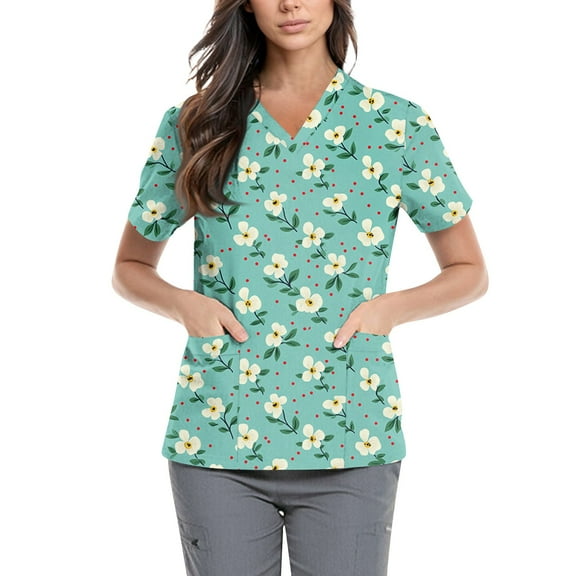 Scrub for Women Petite,Floral Print Scrub Tops - Side Pocket Design for Nurses & Healthcare Workers - Green - S