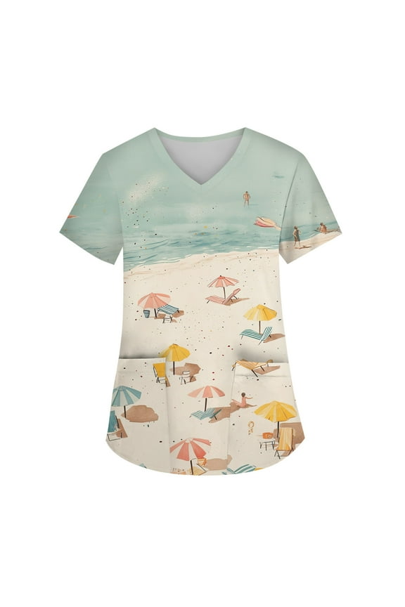 Scrub for Women Petite,Hawaiian Print Scrubs Top- Performance Fabric Tops with Side Slit Pockets - Complexion - XL