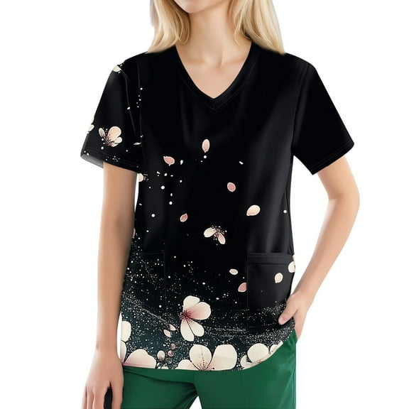 Scrub for Women Petite,Moisture-Wicking Nurse Tops for Women - Breathable V-Neck Scrub Top with Chest Pocket - Black - S