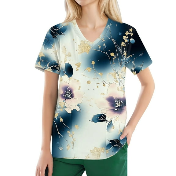 Scrub for Women Petite,Stretchy Scrubs Tops for Women - 2-Pocket Short Sleeve V Neck Healthcare Uniform Top - Blue - XXXL