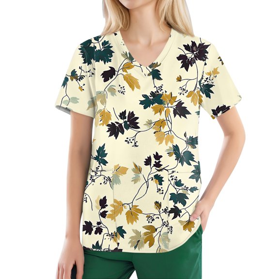 Scrub for Women Petite,Unisex Medical Scrub Tops Long Sleeve with Side Pockets - Floral Print Workwear for Nurses - Yellow - L