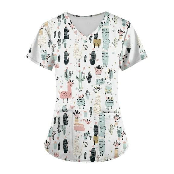 Scrub for Women Petite,V-Neck Scrub Tops with Animal Pattern - Wrinkle-Resistant Nursing Uniform with Pockets - White - L