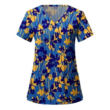 Scrub for Women Scrubs Top Tunic Comfy Short Sleeve T Shirts Casual Floral Printing Nurse Uniforms Lightweight Soft V Neck Work Tops With Pockets