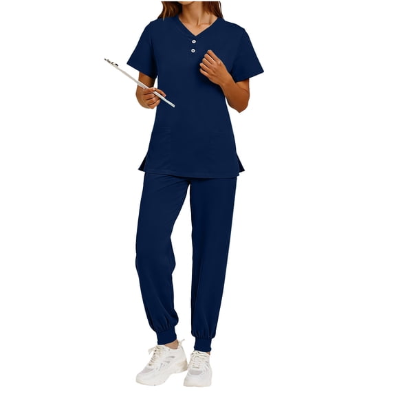 Scrub for Women Scrubs Top with Classic V-Neck & Jogger Pants Medical Nursing Uniform Dark Blue Scrub Set Multi-Pockets, S