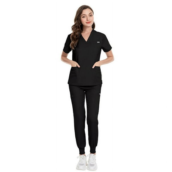 Scrub for Women Scrubs Top with Classic V-Neck Jogger Pants Medical Nursing Uniform Scrub Set Black XXL