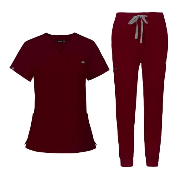 Scrub for Women Scrubs Top with Classic V-Neck Jogger Pants Medical Nursing Uniform Scrub Set Burgundy XL