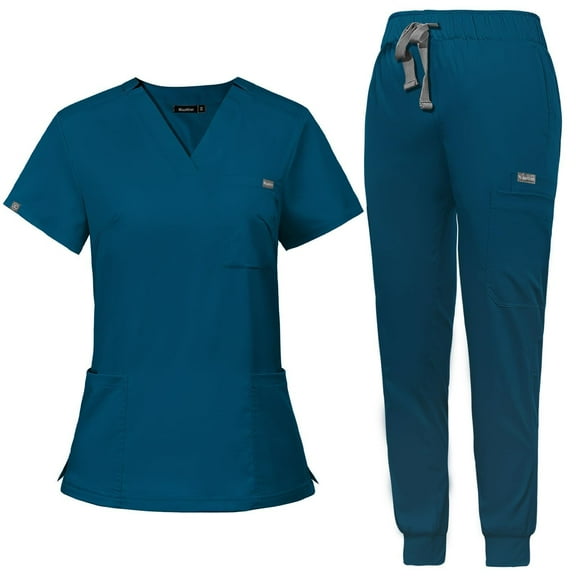 Scrub for Women Scrubs Top with Classic V-Neck Jogger Pants Medical Nursing Uniform Scrub Set Caribbean Blue XS
