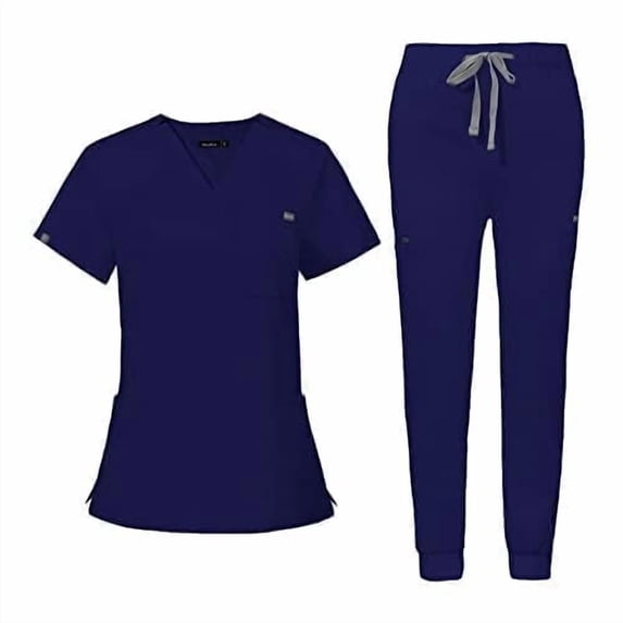 Scrub for Women Scrubs Top with Classic V-Neck Jogger Pants Medical Nursing Uniform Scrub Set Navy Blue XS