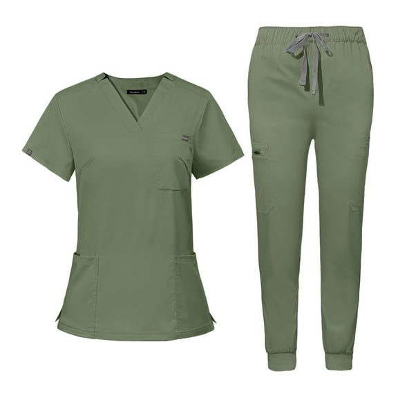 Scrub for Women Scrubs Top with Classic V-Neck Jogger Pants Medical Nursing Uniform Scrub Set Olive Green XS