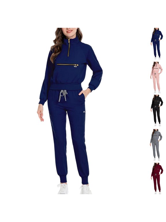 Scrub for Women Set Long Sleeve Scrub Top with Zipper and Jogger Pants with Drawstring Medical Uniform Suit