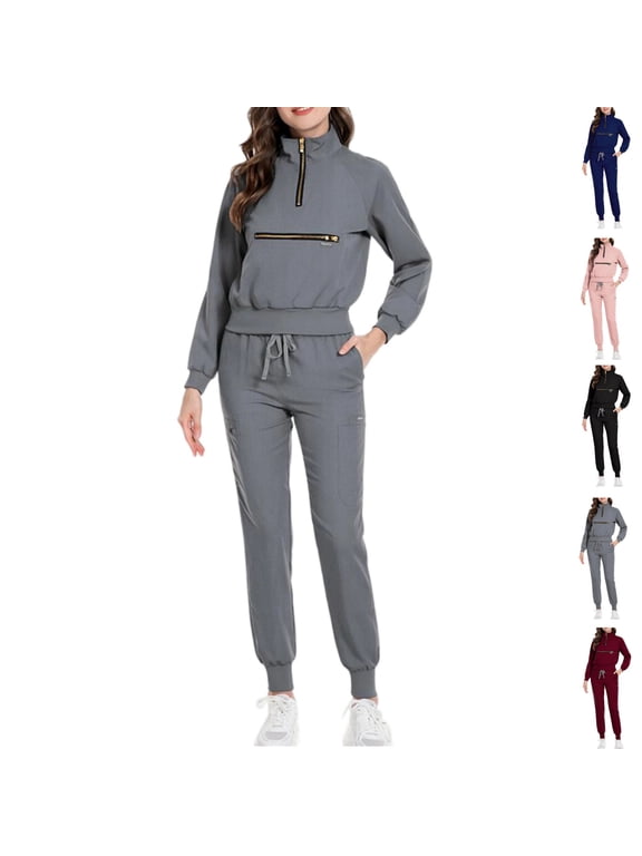 Scrub for Women Set Long Sleeve Scrub Top with Zipper and Jogger Pants with Drawstring Medical Uniform Suit