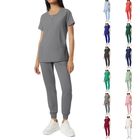 Scrub for Women Set Stretch Scrub Top & Jogger Pants Zipper Crew Neck Anti-Wrinkle Scrub Suit Medical Uniform Grey S