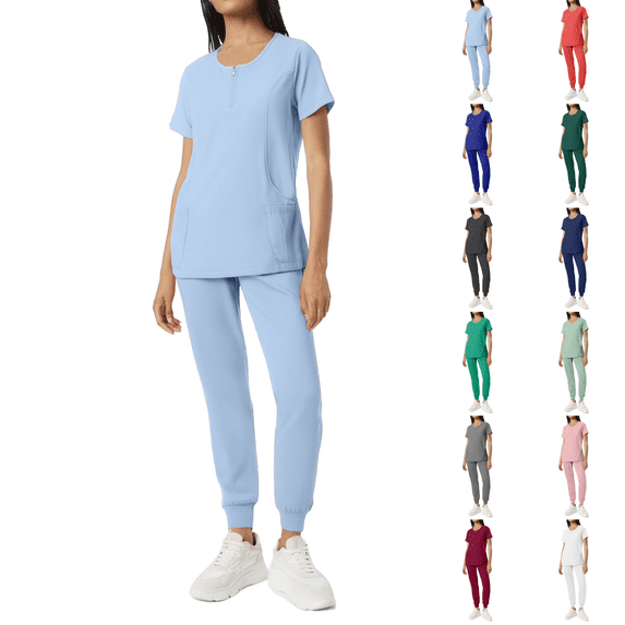 Scrub for Women Set Stretch Scrub Top & Jogger Pants Zipper Crew Neck Anti-Wrinkle Scrub Suit Medical Uniform Light Blue XL