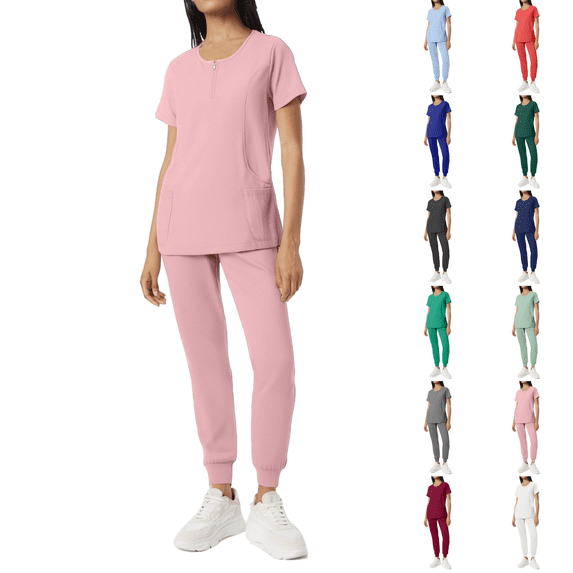 Scrub for Women Set Stretch Scrub Top & Jogger Pants Zipper Crew Neck Anti-Wrinkle Scrub Suit Medical Uniform Pink XL