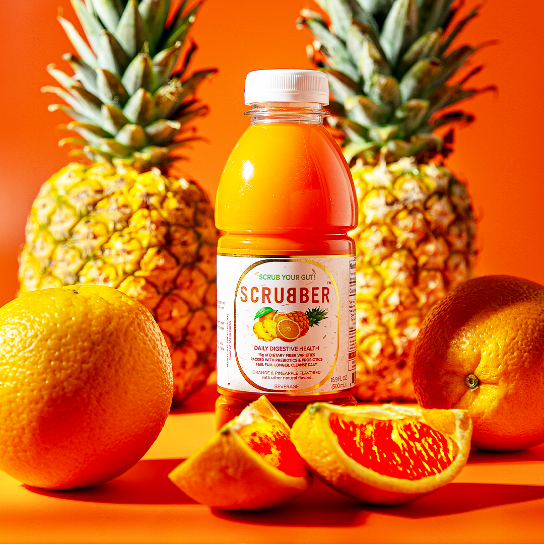 Scrubber Fiber-Infused Fruit Juice w/Probiotics + Prebiotics for Daily Digestive Health, Immune Support, Regularity & Weight. 16.9 OZ Natural Beverage, Orange & Pineapple, 12-Pack