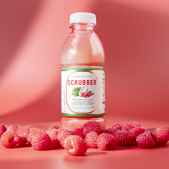 Scrubber Fiber-Infused Fruit Juice w/Probiotics + Prebiotics for Daily Digestive Health, Immune Support, Regularity & Weight. 16.9 OZ Natural Beverage, Raspberry & Custard Apple, 4-Pack