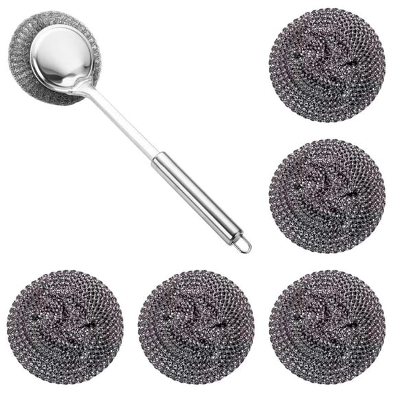 Scrubber with Handle Comes with Five Replacement Balls Steel Wool, Short Handle Scrubber, Steel Wool Scrubber Supplies Dish Scrubber, Stainless Steel Scrubber Tool Metal Scrubber for Dishes