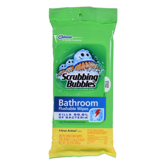 Scrubbing Bubbles Antibacterial Bathroom Flushable Wipes, 28 Count
