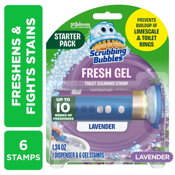 Scrubbing Bubbles Automatic Toilet Bowl Cleaner, Fresh Gel Cleaning Stamp, Lavender, Dispenser & 6 Gel Stamps