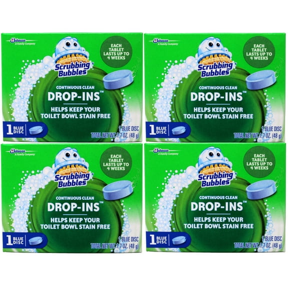 Scrubbing Bubbles Continuous Clean Drop-Ins - One Toilet Bowl Cleaner Tablet Lasts Up to 4 Weeks, 1 Blue Disc, 1.7 oz - 4 Pack