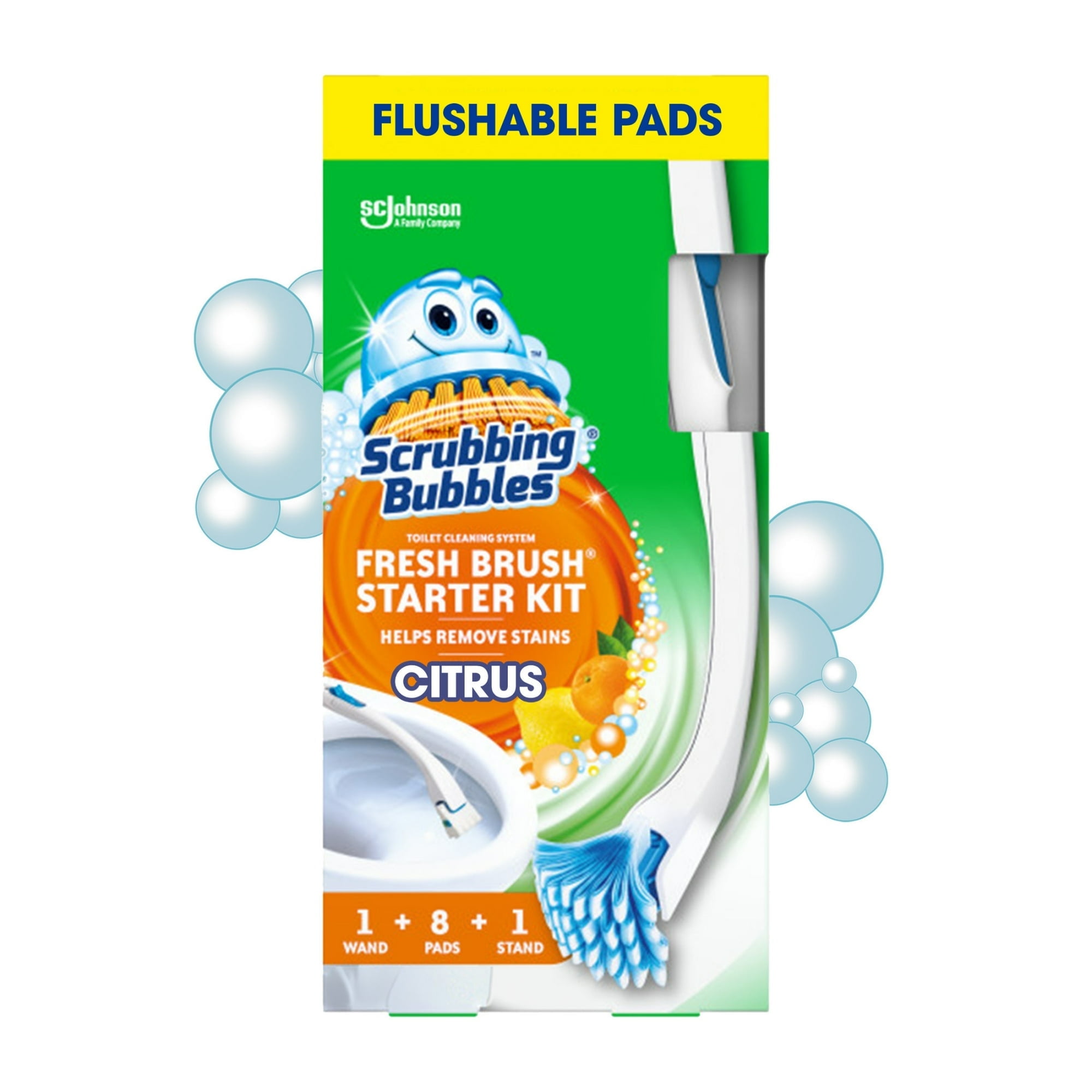 Scrubbing Bubbles Fresh Brush Starter Kit, Citrus - Toilet Bowl Cleaning System with Flushable Pads (19 Inch Handle, 8 Pads and 1 Stand)