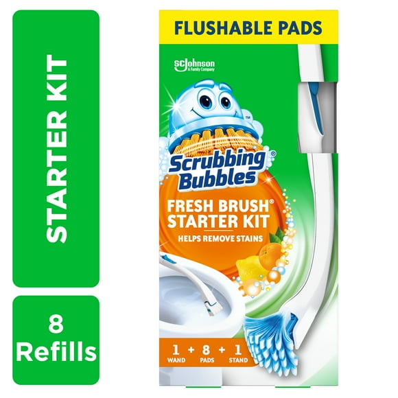 Scrubbing Bubbles Fresh Brush Starter Kit, Citrus - ToiletBowlCleaning System with Flushable Pads (19 Inch Handle, 8 Pads and 1 Stand)