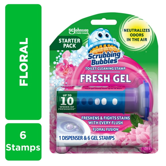 Scrubbing Bubbles Fresh Gel Toilet Bowl Cleaner Stamp Dispenser, Floral Fusion, 6 Gel Stamps, 1.34 oz
