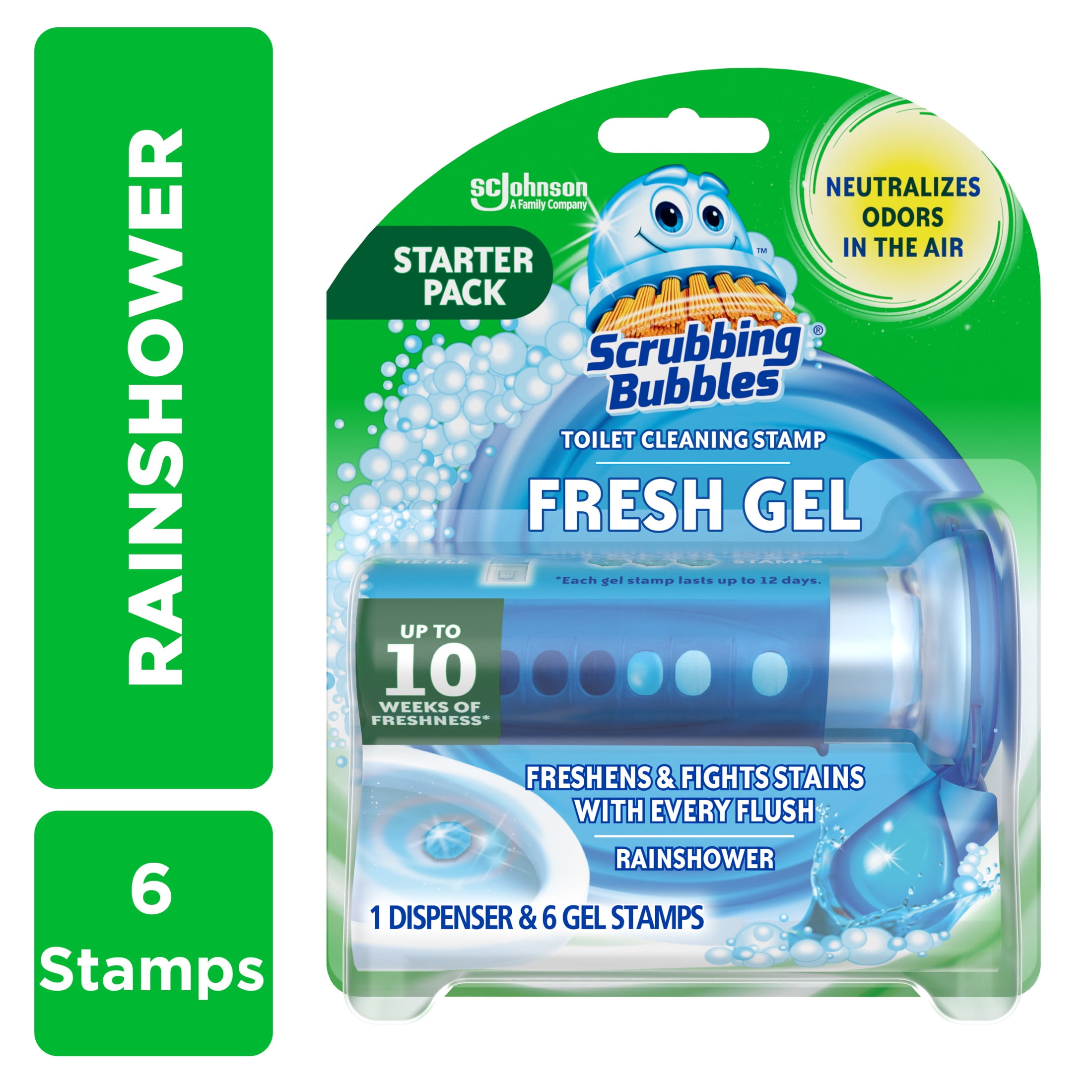 Scrubbing Bubbles Fresh Gel ToiletBowlCleaning Stamp, Rainshower, Dispenser with 6 Gel Stamps, 1.34 oz