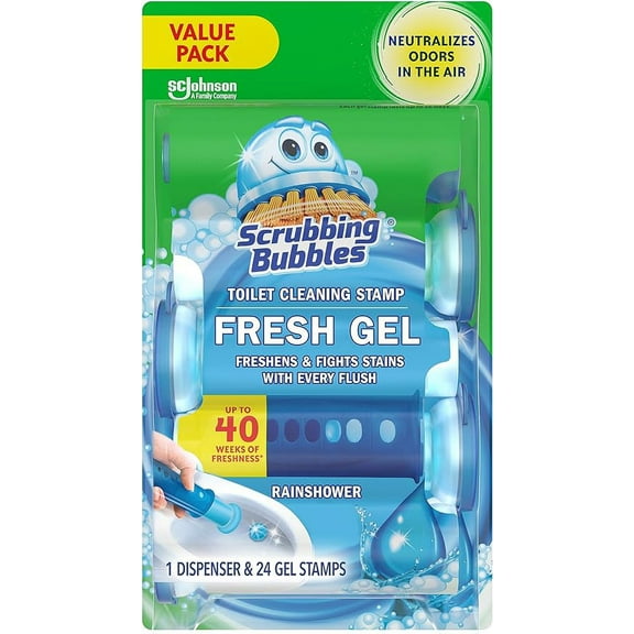 Scrubbing Bubbles Fresh Gel Toilet Bowl Cleaning Stamps, Helps Keep Toilet Clean and Helps Prevent Limescale & Rings, Rainshower Scent, 1 Dispenser with 24 Fresh Gel Stamps