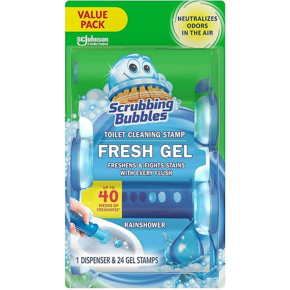 Scrubbing Bubbles Fresh Gel Toilet Bowl Cleaning Stamps, Helps Keep Toilet Clean and Helps Prevent Limescale & Toilet Rings, Rainshower Scent, 1 Dispenser with 24 Fresh Gel Stamps